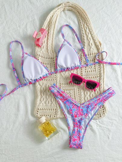 Swim Mod بدلة سباحة نسائية ذات طبعة زهرية عشوائية مع كشكشة وخصر عالي مرتفع، وأربطة قابلة للتعديل، طقم بكيني بحمالات سباغيتي قطعتين لعطلة الشاطئ والربيع