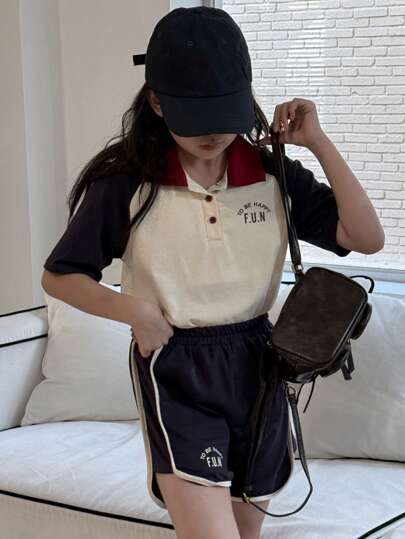 girls-sets DAZY مجموعة بنت تويين قطعتين: بولو قميص قصير وشورت، ملابس كاجوال عصرية للاستخدام اليومي
