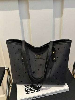 1 حقيبة كاجوال ذات سحاب مطبوعة بنجمة خماسية مزينة بالجلد الاصطناعي الأسود، مناسبة للاستخدام اليومي للنساء