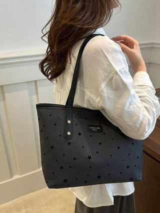 1 حقيبة كاجوال ذات سحاب مطبوعة بنجمة خماسية مزينة بالجلد الاصطناعي الأسود، مناسبة للاستخدام اليومي للنساء