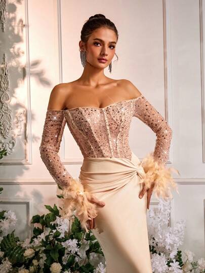 Glamrae فستان سهرة أنيق طويل الأكمام مع علامات تزيين على الكتف، شق طويل وشراشيب بأسلوب الحورية، فستان سهرة رسمي، فستان حفلة، فستان ضيف الزفاف، فستان سهرة