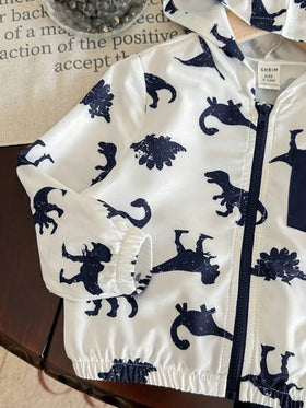 SHEIN طقم جاكيت برأس ذات طباعة ديناصور كرتوني وألوان متباينة وبنطلون أحادي اللون مناسب للأطفال الرضع والصغار، مناسب للربيع والصيف والخريف للسفر والخارج، قطعتان