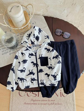 SHEIN طقم جاكيت برأس ذات طباعة ديناصور كرتوني وألوان متباينة وبنطلون أحادي اللون مناسب للأطفال الرضع والصغار، مناسب للربيع والصيف والخريف للسفر والخارج، قطعتان