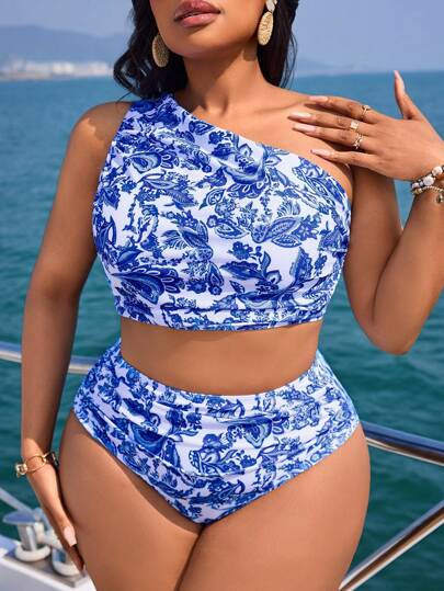 SHEIN Slayr CURVE طقم ملابس سباحة بناتي من النوع التانكيني مقاس كبير، مطبوع بطبعة البيزلي، للرحلات والعطلات الشاطئية