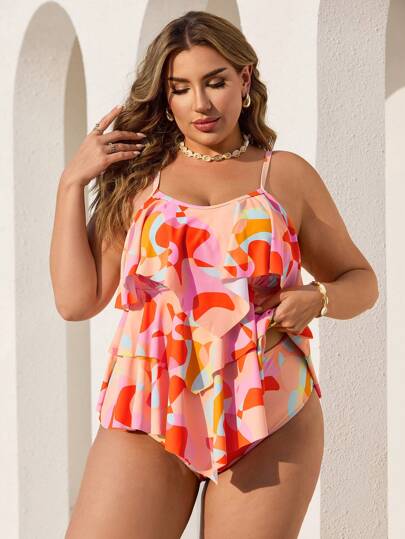 Swim Lushoire ملابس علوية بيكيني مناسب لحجم إضافي للنساء مطبوع بنمط هندسي للاستخدام اليومي والعطلات