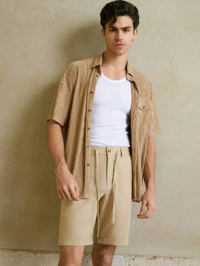 Manfinity VCAY قميص كاجوال منفرد الأكمام قصير الأكمام بياقة قميص الخفافيش, مناسب للصيف