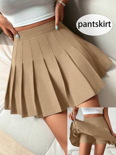 SHEIN PETITE تنورة قصيرة نسائية بطية أنيقة وعصرية للذهاب للجامعة، لون سادة، طراز ربيعي/صيفي