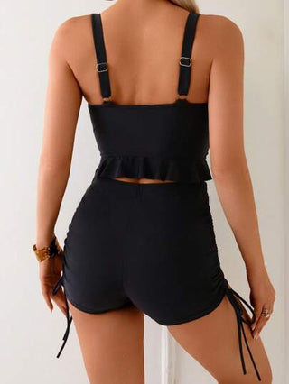 طقم تانكيني حريمي Swim Basics مجموعة بكيني مع ملابس علوية خصر مقطعة بأنفال عميق ومطوي ومكسرات ذيل أسود للنساء