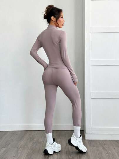 SHEIN EZwear بدلة رياضية قطعتين بسحاب بنفسجية اللون: جاكيت وتايت