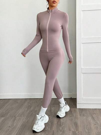 SHEIN EZwear بدلة رياضية قطعتين بسحاب بنفسجية اللون: جاكيت وتايت