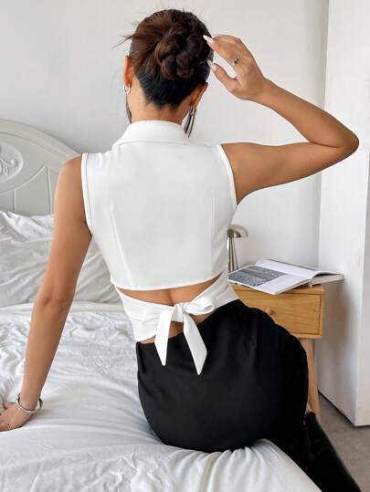 EZwear بليزر نسائي أساسي بدون أكمام وبأزرار أمامية للإطلالة اليومية المبسطة