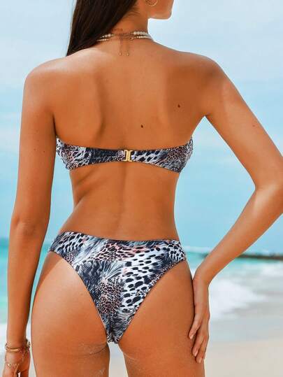 Swim Vcay بيكيني نسائي بفتحة الرقبة مع نقشة نمر ذات حلي نجم البحر المعدني، بيكيني صيفي مثير للشاطئ والعطلات