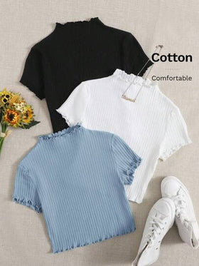 SHEIN EZwear 3 حبات تيشيرت بياقة واقفة وحافة ذات جوانب مموجة