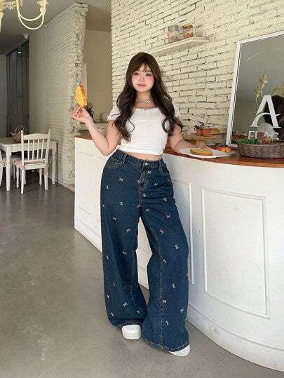 SHEIN MOD جينز أزرق داكن بقصة منتظمة، سترايت تروزر، ذو نمط أزهار صغيرة رومانسي، مناسب للربيع والصيف
