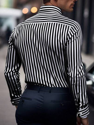 Manfinity Homme قميص رجالي كاجوال طويل الأكمام بخطوط وحيد الصدر للمكتب