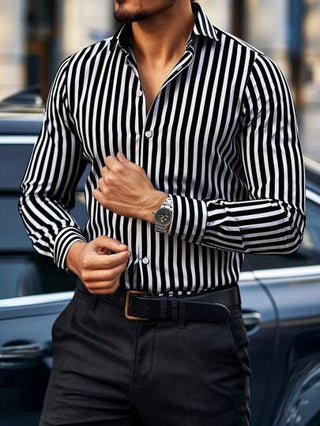Manfinity Homme قميص رجالي كاجوال طويل الأكمام بخطوط وحيد الصدر للمكتب