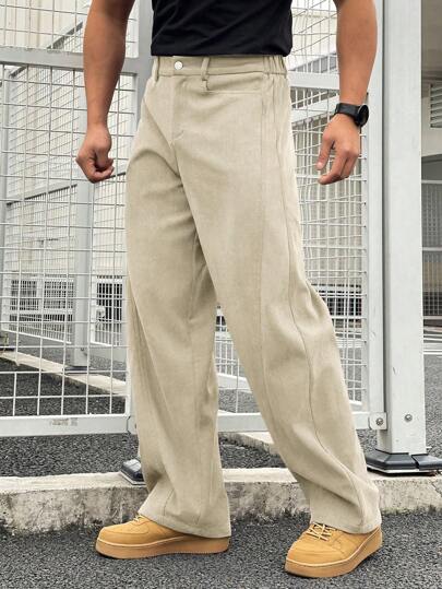 Manfinity Homme بنطلون قطيفة أمريكي بطراز كاركو للرجال، سراويل ثقيلة طبقة مرتخية بعرض مستقيم، تصميم ياباني عالي الجودة للاستخدام اليومي الكاجوال