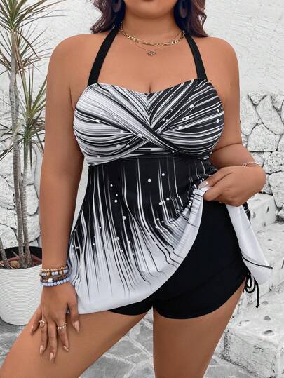 Swim Lushoire طقم قياسات كبيرة 2 قطعة ،توب قصير مطبوع وشورت خصر عالي أحادي اللون مع رباط جانبي ،حمالة سباغيتي خلفية مفتوحة معقوفة على شكل متقاطع منحف للمناسبات اليومية