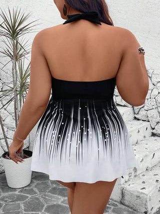 Swim Lushoire طقم قياسات كبيرة 2 قطعة ،توب قصير مطبوع وشورت خصر عالي أحادي اللون مع رباط جانبي ،حمالة سباغيتي خلفية مفتوحة معقوفة على شكل متقاطع منحف للمناسبات اليومية