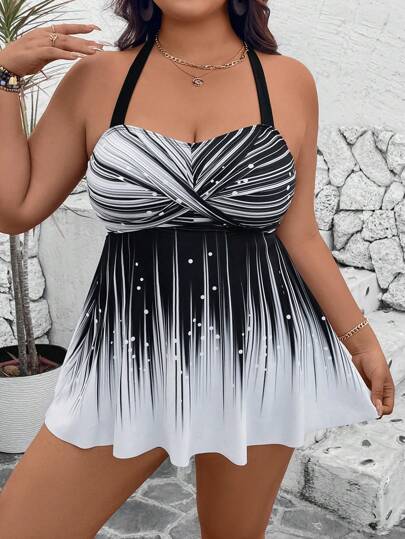 Swim Lushoire طقم قياسات كبيرة 2 قطعة ،توب قصير مطبوع وشورت خصر عالي أحادي اللون مع رباط جانبي ،حمالة سباغيتي خلفية مفتوحة معقوفة على شكل متقاطع منحف للمناسبات اليومية