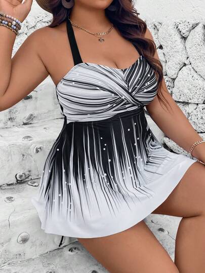 Swim Lushoire طقم قياسات كبيرة 2 قطعة ،توب قصير مطبوع وشورت خصر عالي أحادي اللون مع رباط جانبي ،حمالة سباغيتي خلفية مفتوحة معقوفة على شكل متقاطع منحف للمناسبات اليومية