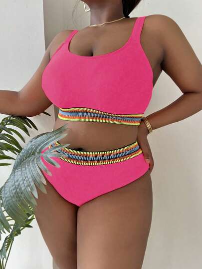 SHEIN Swim Curve 2 مجموعة بيكيني لربطة الكتف للسيدات ذوات المقاسات الكبيرة، لون أحادي، مريح وأنيق