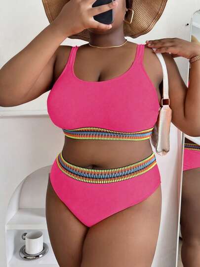 SHEIN Swim Curve 2 مجموعة بيكيني لربطة الكتف للسيدات ذوات المقاسات الكبيرة، لون أحادي، مريح وأنيق