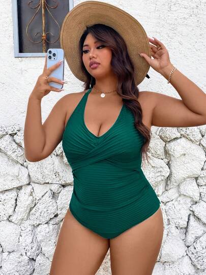 SHEIN Swim Lushore ملابس علوية بوسطة للملابس السباحة من قماش مزخرف، للأحجام الكبيرة