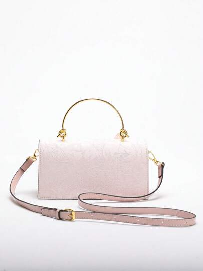 2025 ربيع/صيف موسم الزفاف الرومانسي 1 قطعة حقيبة نسائية مستطيلة من نوع جاكارد بلون وردي فاتح، مزينة بالفراشات السحرية، مقبض مجدول من النحاس الأصفر عالي الجودة، حقيبة سهرة أنيقة فاخرة لفساتين السيدات في الحفلات والزفاف