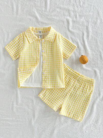 Vintaside Kids طقم بلوزة كاجوال ذات أكمام قصيرة بطبعة مربعات و شورت لطفل صغير ولد ، قطعتان