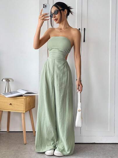 SHEIN EZwear بنطال أرجل واسعة وكاميسول ظهر مفتوح بلون صلب جذاب