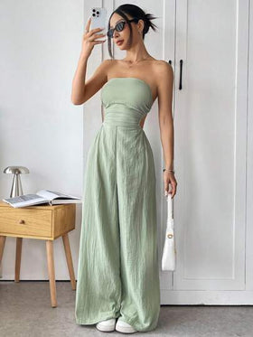 SHEIN EZwear بنطال أرجل واسعة وكاميسول ظهر مفتوح بلون صلب جذاب