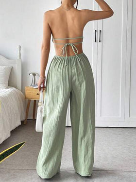 SHEIN EZwear بنطال أرجل واسعة وكاميسول ظهر مفتوح بلون صلب جذاب