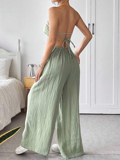 SHEIN EZwear بنطال أرجل واسعة وكاميسول ظهر مفتوح بلون صلب جذاب