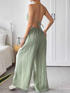 SHEIN EZwear بنطال أرجل واسعة وكاميسول ظهر مفتوح بلون صلب جذاب