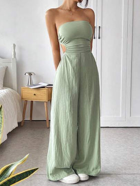 SHEIN EZwear بنطال أرجل واسعة وكاميسول ظهر مفتوح بلون صلب جذاب