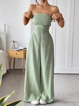 SHEIN EZwear بنطال أرجل واسعة وكاميسول ظهر مفتوح بلون صلب جذاب