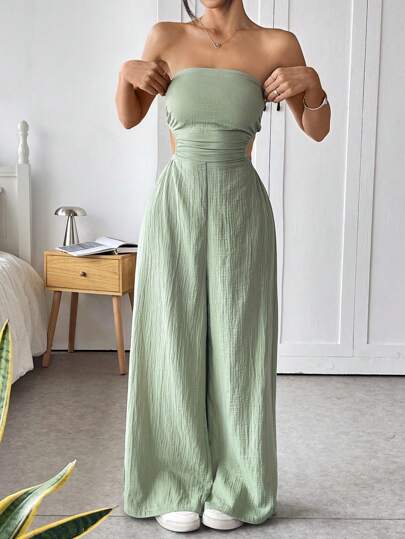 SHEIN EZwear بنطال أرجل واسعة وكاميسول ظهر مفتوح بلون صلب جذاب