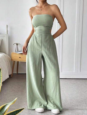 SHEIN EZwear بنطال أرجل واسعة وكاميسول ظهر مفتوح بلون صلب جذاب