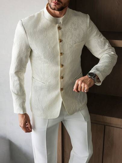 Manfinity Homme بدلة رجالية ذات أكمام طويلة وطبعات جاكارد ذات صدر واحد، بدلة رسمية أنيقة للرجال، بدلة حفلات وأزياء رجالية
