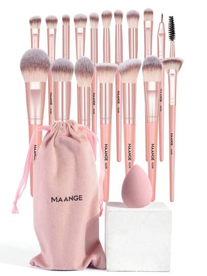 MAANGE 18 قطعة/20 قطعة مجموعة أدوات مكياج احترافية تشمل 18 فرشاة مكياج للوجه و 1 إسفنجة تجميل و 1 حقيبة مخملية، فرشاة البودرة وفرشاة احمر الخدود وفرشاة أساس المكياج وفرشاة التظليل وفرشاة ظلال العيون وفرشاة الحواجب وفرشاة كحل العيون وفرشاة الدمج،...