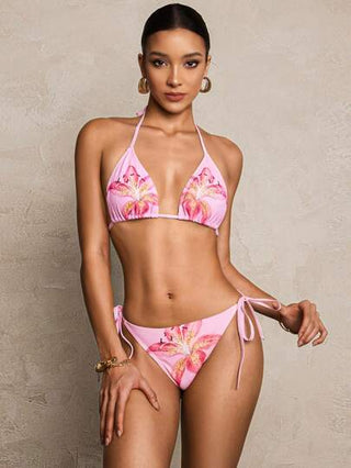 Swim Mod 4 قطع/مجموعة بكيني بطبعات أزهار منتشرة رقيقة، بتصميم الرقبة المائلة للنساء، ضرورية لحفلات حمام السباحة والشاطئ