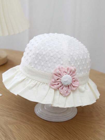 قبعة دلو لطيفة للأطفال الرضع بزخرفة الكشكشة والزهور، قبعة شمس للأطفال بلون أحادي