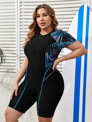 Swim SPRTY مايوه رياضي مكوّن من قطعة واحدة للصيف بأكمام قصيرة وحجم كبير مع طبعة نباتية للشاطئ