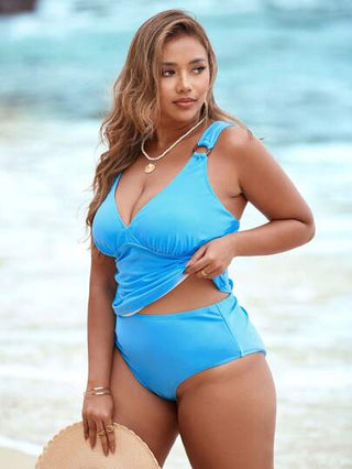 SHEIN Swim Curve مجموعة سباحة للمرأة ذات حجم كبير 2 قطعة طقم تانكيني بأشرطة عريضة وياقة على شكل V للتحكم بالبطن باللون الأزرق، ملابس شاطئ كاجوال للعطلات