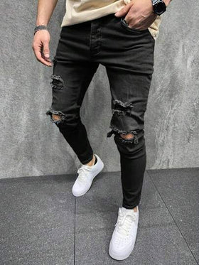 Manfinity Homme بنطلون جينز كاجوال ضيق مع جيوب ممزق للرجال، بطراز إيمو