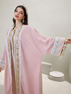 Al Najma عباءة نسائية بلون صلب ومخطط مزخرفة بشراريب، رداء متواضع وأنيق