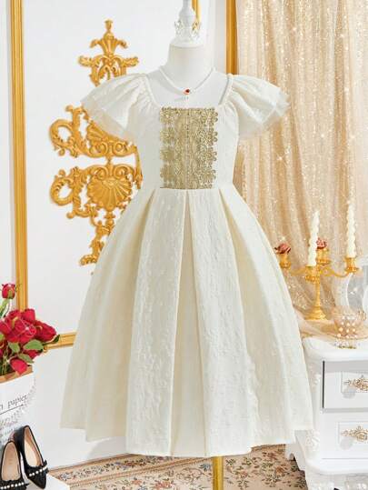 SHEIN فستان بأكمام مكشكشة وياقة مربعة مزين بالزهور والديكور الجميل لفتيات البلوغ