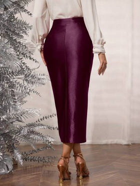 Modelyn تنورة قلم أنيقة للسيدات مُصنّعة من قماش مُضفّر مُرن من البيكيه منسوج، بتصميم ملفوف متوسطة الطول