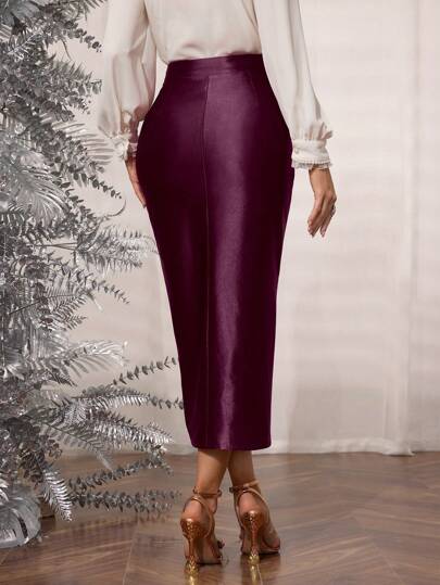 Modelyn تنورة قلم أنيقة للسيدات مُصنّعة من قماش مُضفّر مُرن من البيكيه منسوج، بتصميم ملفوف متوسطة الطول